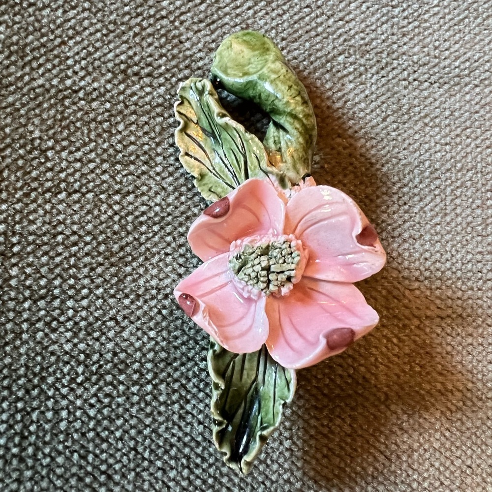 Ceramic Hand Painted Vintage 3D Floral Pink Dogwood Branch Brooch Pin